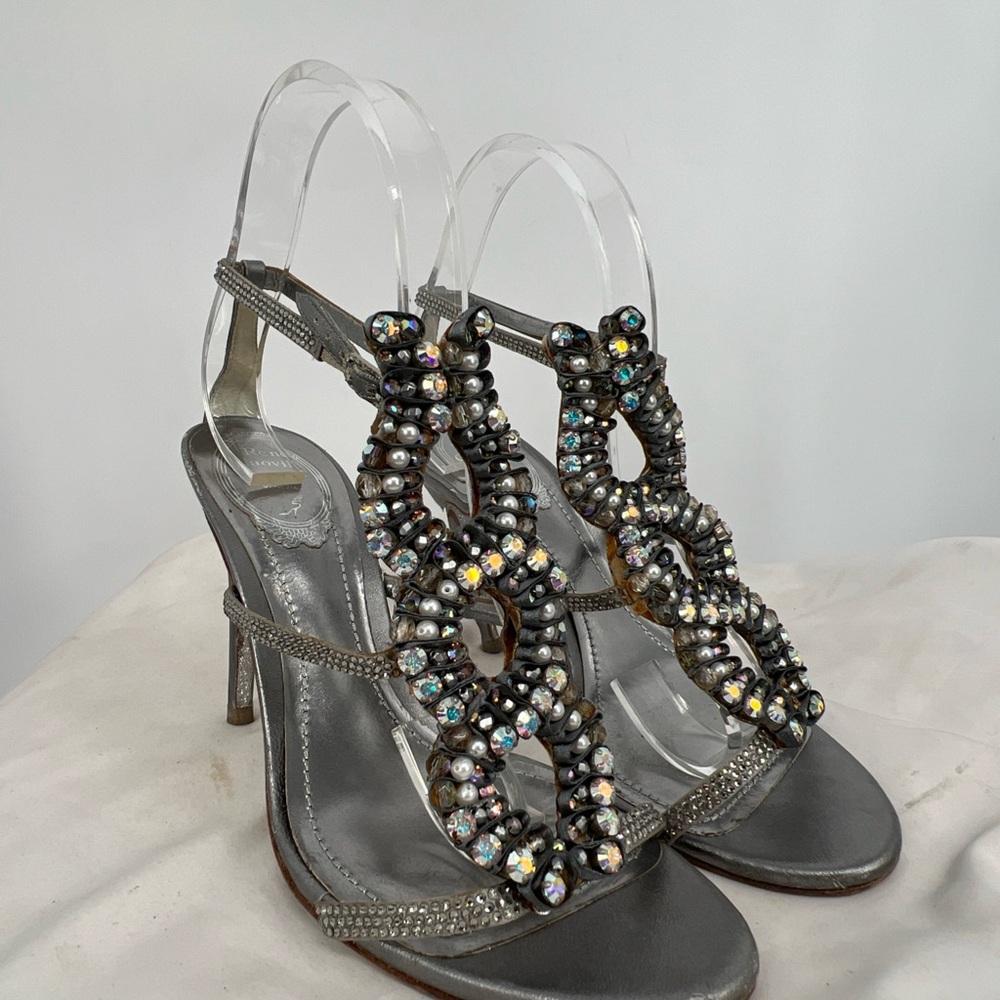 Rene Caovilla Women's Crystal Gray Mules Sandals W/ Glitter EUR Size 37.5